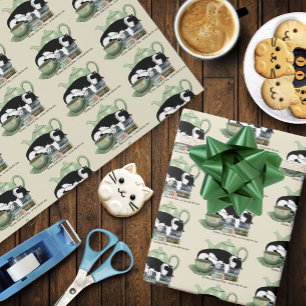 Knus Boeken Kat Smoking Theekopje Schattig Groene  Cadeaupapier