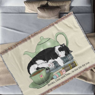 Knus Boeken Kat Smoking Theekopje Schattig Groene  Deken
