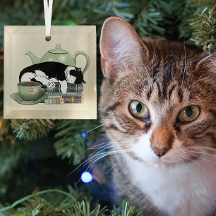 Knus Boeken Kat Smoking Theekopje Schattig Groene Glas Ornament