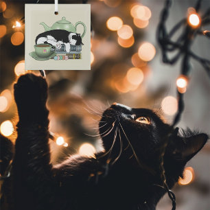 Knus Boeken Kat Smoking Theekopje Schattig Groene  Glas Ornament