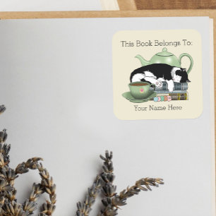 Knus Boeken Kat Smoking Theekopje Schattig Groene Vierkante Sticker