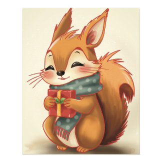 Knus Eekhoorn met een Cadeau – Whimsical Winterbos Foto Afdruk