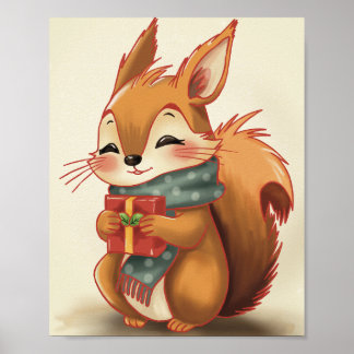 Knus Eekhoorn met een Cadeau – Whimsical Winterbos Poster