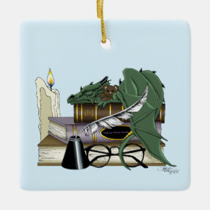 Knus Groene Whimsical Slaande Draak Boekliefhebber Keramisch Ornament