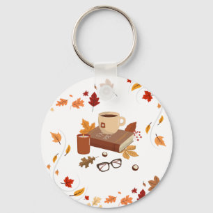 Knus Herfst Bladeren Koffie Boekliefhebber Sleutel Sleutelhanger