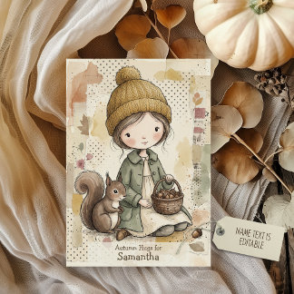 Knus Herfst Bos Meisje Eekhoorn Herfst Collage Kaart