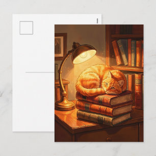 Knus kaartje met kat in bibliotheek - Cadeau voor Feestdagenkaart