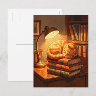 Knus kaartje met kat in bibliotheek - Cadeau voor Feestdagenkaart