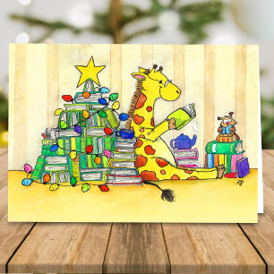 Knus Kartonnen Boekmas Giraffe Kerstmis Kaart