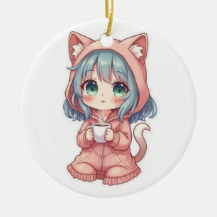 Knus Knuffel Anime Meisje met Kat Trui – Warme Dra Keramisch Ornament