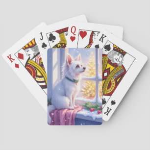 Knus Maltezer bij Besneeuwd Raam Kersthond Kunst Pokerkaarten