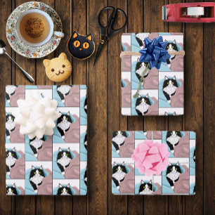 Knus Roze Blau Whimsical Tuxedo Kat Dekens Inpakpapier Vel