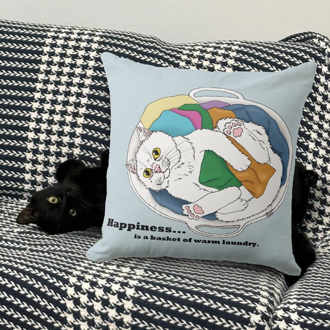 Knus Witte Kat Wasmand Grappig Blauw Kussen (Creator heeft geüpload)