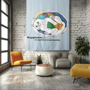 Knus Witte Kat Wasmand Grappig Blauw Wandkleed