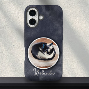 Knus Zwart Witte Slaande Kat Kunst Aangepaste Naam iPhone 16 Hoesje