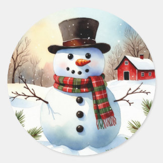 Knusjes Sneeuwman Boerderij Watercolor Kerstmis Ronde Sticker