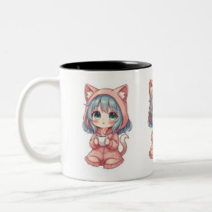 Knusper Kawaii Anime Meisje met Kat Hoodie – Warme Tweekleurige Koffiemok