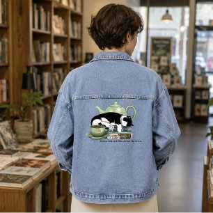 Knusse Boeken Kat Smoking Theekopje Schattig Groen Denim Jacket