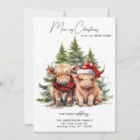 Knusse Highland Koe Nieuwe Adres Prettig Kerstfees Feestdagenkaart (Voorkant)