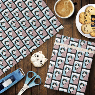 Knusse Roze Blauwe Whimsical Tuxedo Kat Dekens Cadeaupapier