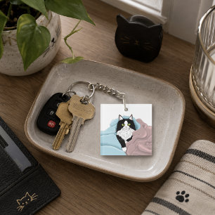 Knusse Roze Blauwe Whimsical Tuxedo Kat Dekens Sleutelhanger