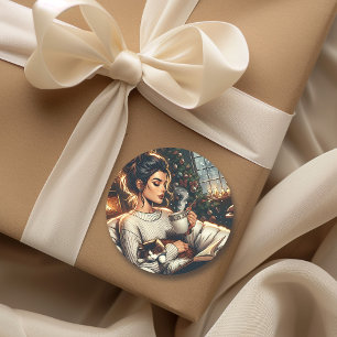 knusse scene   Vrouw Drink cacao met kat Ronde Sticker