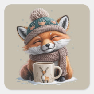 Knusse Vos Winter Seizoen Dier Koffie Vakantie Vierkante Sticker