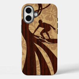 Koa Wood Surfer Faux Wood Surfboard iPhone 16 Plus Hoesje