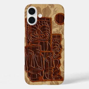 Koa Wood Tiki Sun Faux Wood Surfboard iPhone 16 Plus Hoesje