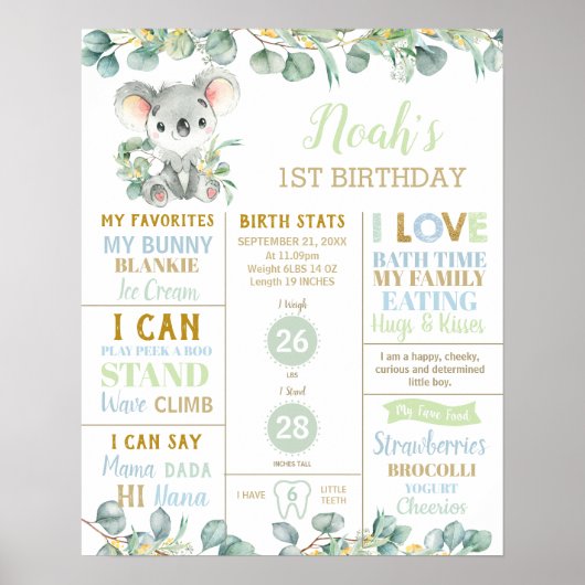 Koala 1st Birthday Milestone Birth Stat Eucalyptus Poster (Voorkant)