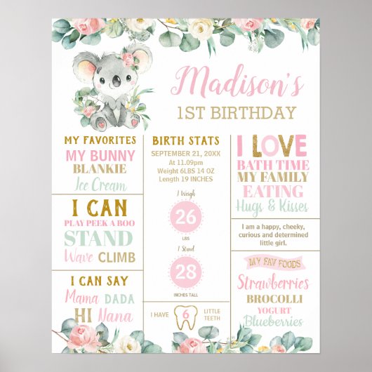 Koala 1st Birthday Milestone Birth Stats Floral Poster (Voorkant)