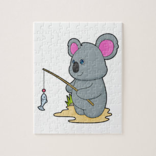 Koala als Fisher met Geviste staaf en vis Legpuzzel