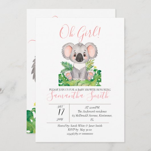 Koala baby shower Uitnodiging (Voorkant / Achterkant)