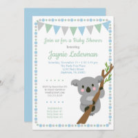 Koala Bear Baby shower Invitation Blue Mint Boys
