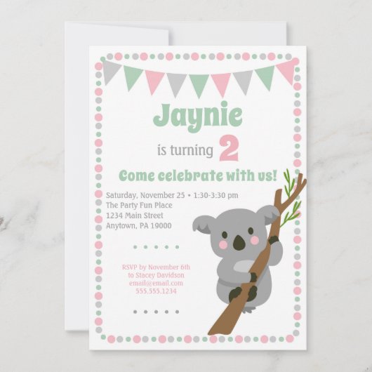Koala Bear Invitation mignonne fête d'anniversaire (Devant)