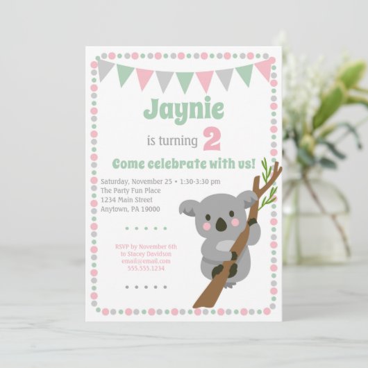 Koala Bear Invitation mignonne fête d'anniversaire (Debout devant)
