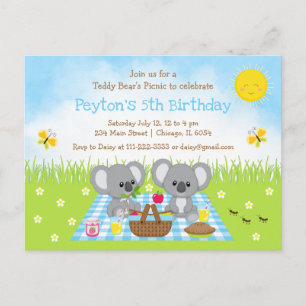 Koala Bear's Picknick Blauwe Gingham Verjaardag Briefkaart