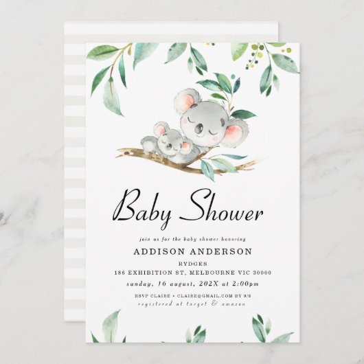 Koala Beer en gebladerte Baby shower Uitnodiging (Voorkant / Achterkant)