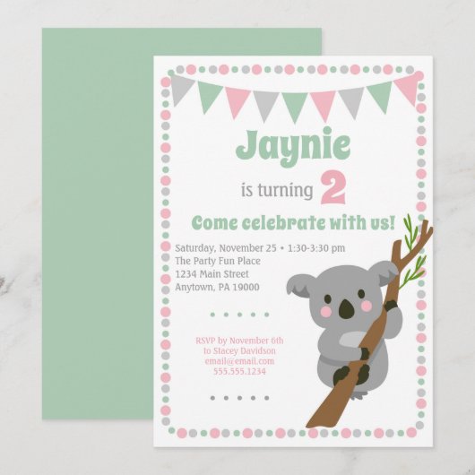 Koala Beer Invitation Cute Birthday Party Kaart (Voorkant / Achterkant)