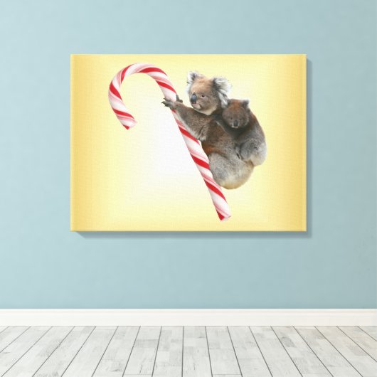 Koala Beer Mum en Joey Candy Cane Canvas Afdruk (Insitu (Houten vloer))