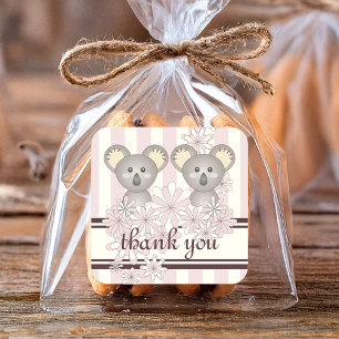Koala Beer Tweeling Meisjes Pastel Roze Dank Je Vierkante Sticker