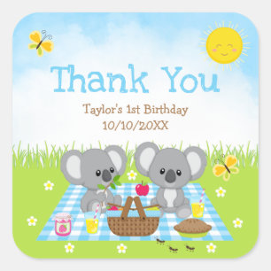 Koala Beren Picknick Verjaardag Blauw Gingham Beda Vierkante Sticker