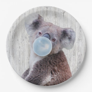 Koala Blaast Blauwe Kauwgom Houtstructuur   Papieren Bordje