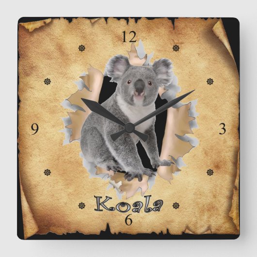 Koala breekt door een papieren zakenklok. ~ vierkante klok (Voorkant)