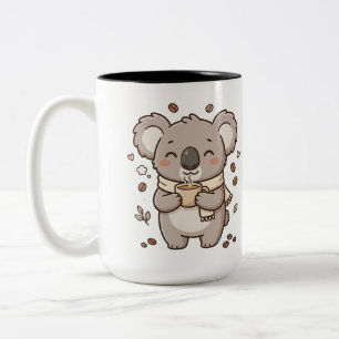 Koala die koffie drinkt uit een tweedelig koffieko tweekleurige koffiemok