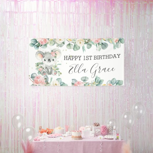 Koala Floral Eucalyptus Greenery Welkomstachtergro Spandoek (Feest)