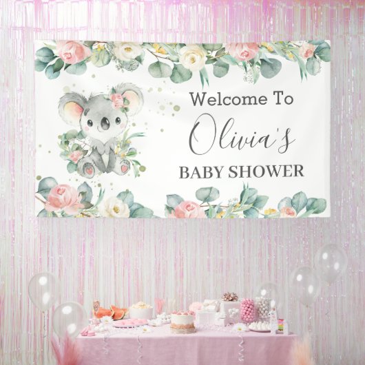 Koala Floral Eucalyptus Greenery Welkomstachtergro Spandoek (Feest)