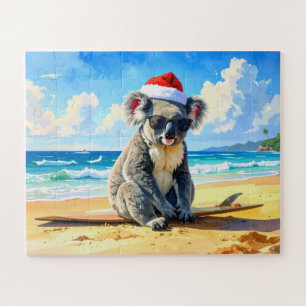 Koala met kerstmuts geniet van zon en branding legpuzzel