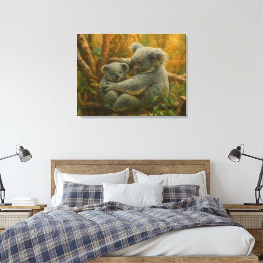 Koala-moeder en Joey in het herfstbladerdak Canvas Afdruk (Insitu (Slaapkamer))