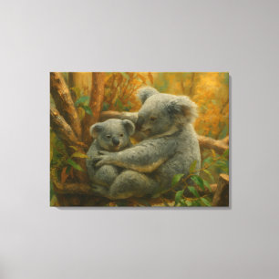 Koala-moeder en Joey in het herfstbladerdak Canvas Afdruk